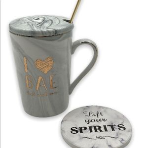 Marble I Heart Bae mug with sugar spoon, cover and coaster! Best aunt ever mug